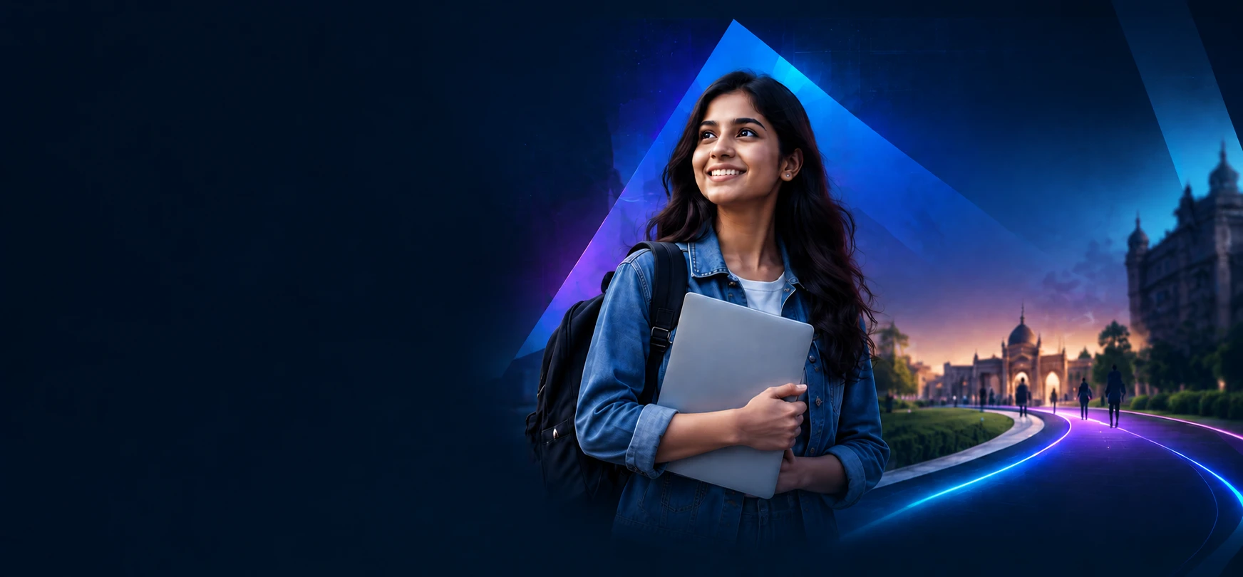 A student stepping from campus to career