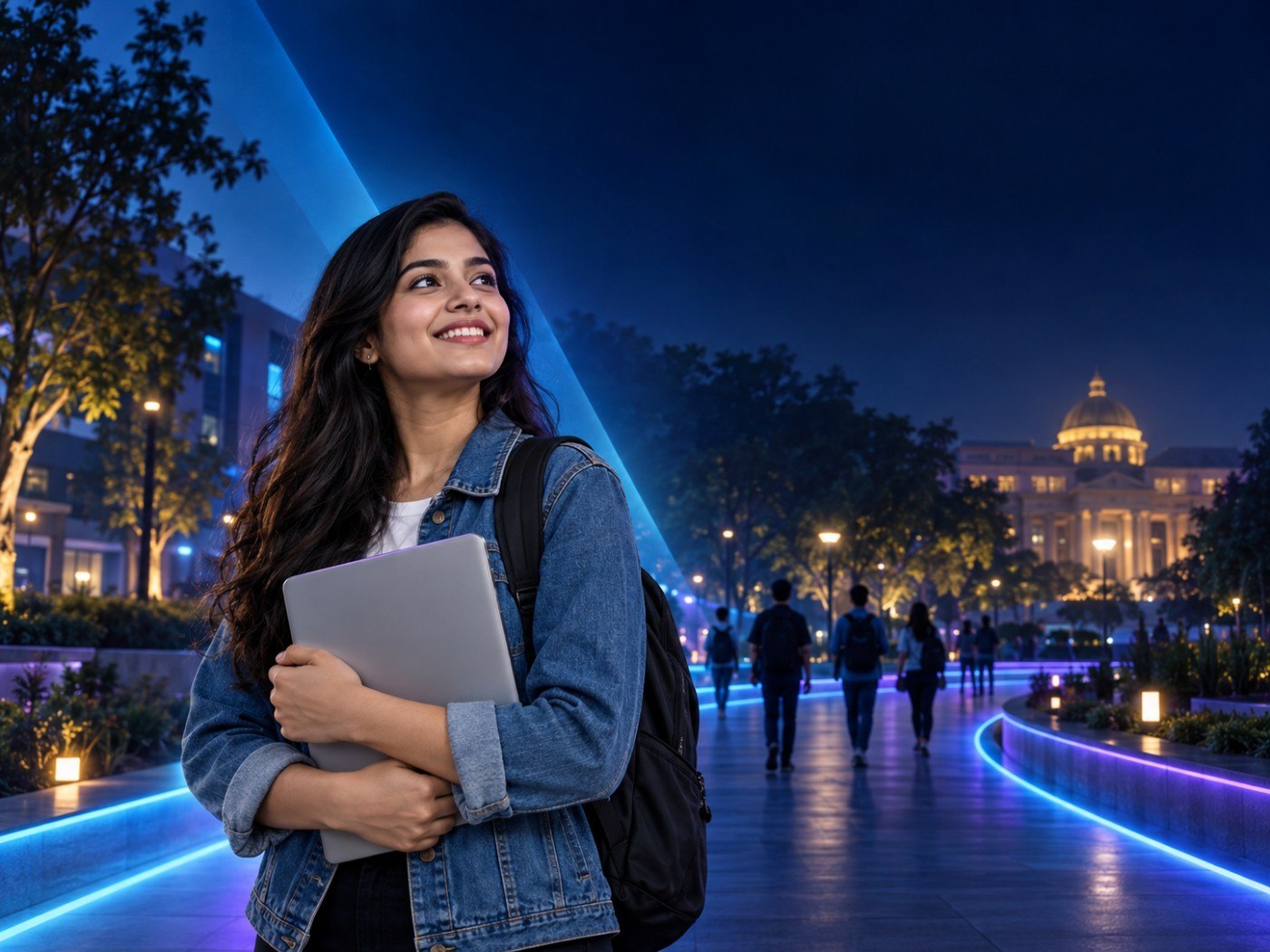 A student on her way from campus to career